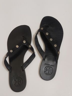 Tory Burch Black Studded Thong Sandals with Logo Medallion